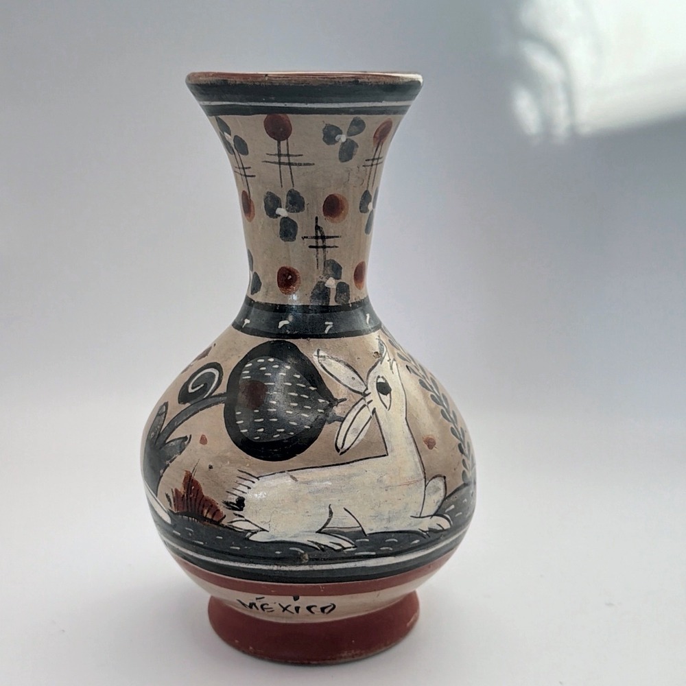 Vintage Mexican Tonala Pottery Vase Hand Painted Rabbit Bird Floral Burnished 6"